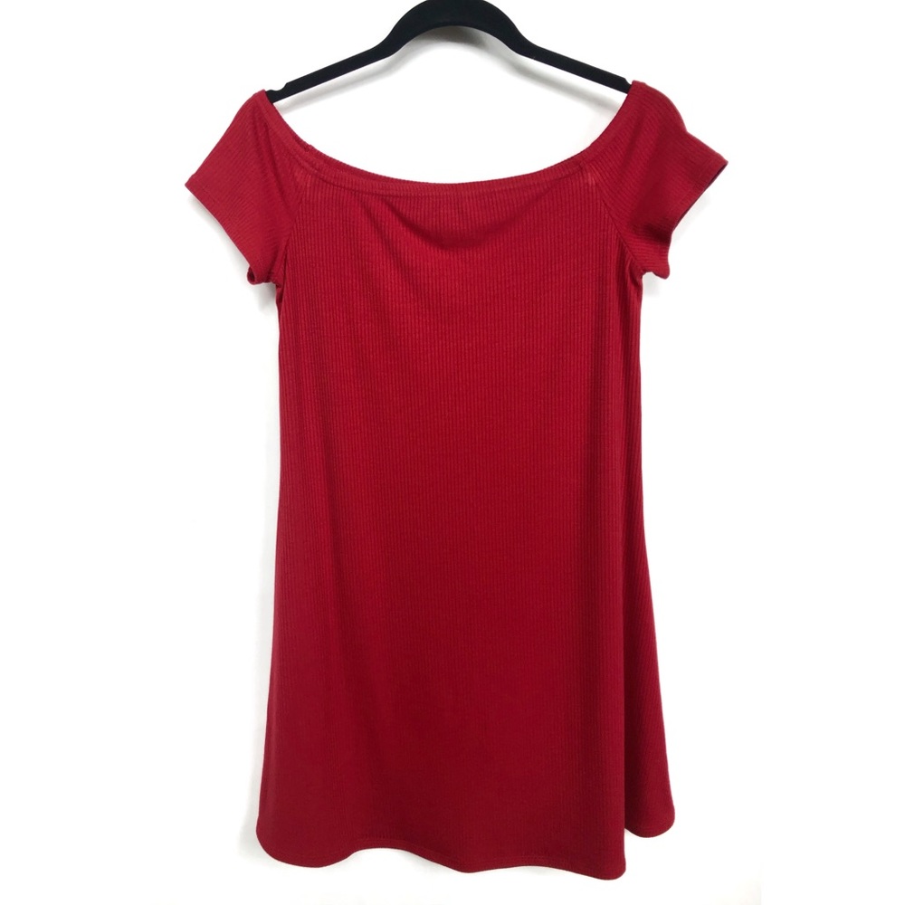 Love, Fire Off The Shoulder Dress Red Ribbed Knit Stretch Medium